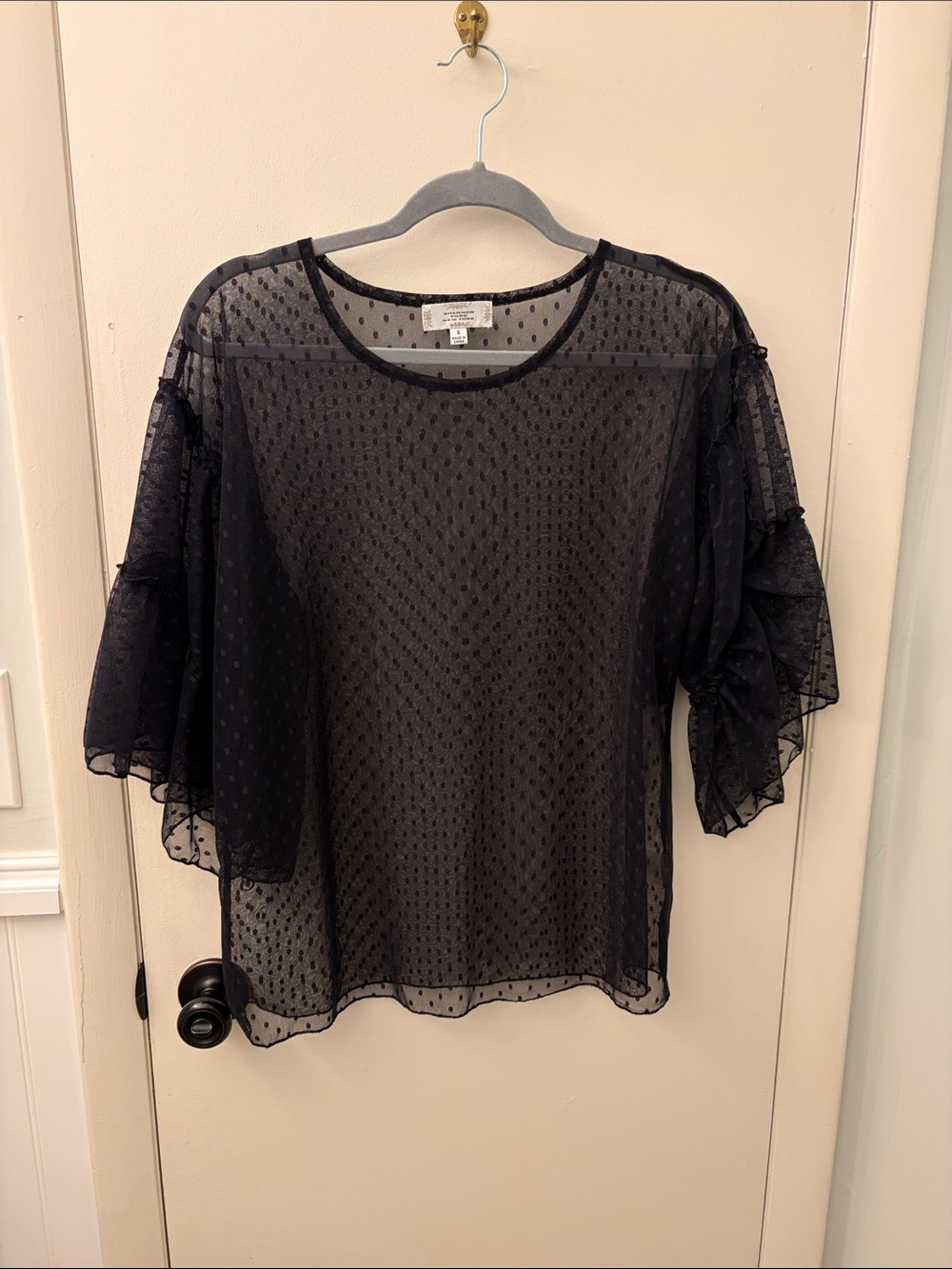 Sheer Black Dotted Ruffle-Sleeve Blouse